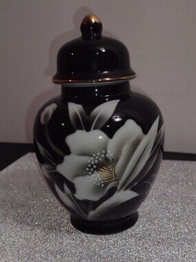 Japanese Weekend Black Porcelain Floral Ginger Jar with Gold Trim